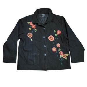 Vintage Fresh Groove Embroidered Floral 100% Wool Jacket Black Womens Petite XL